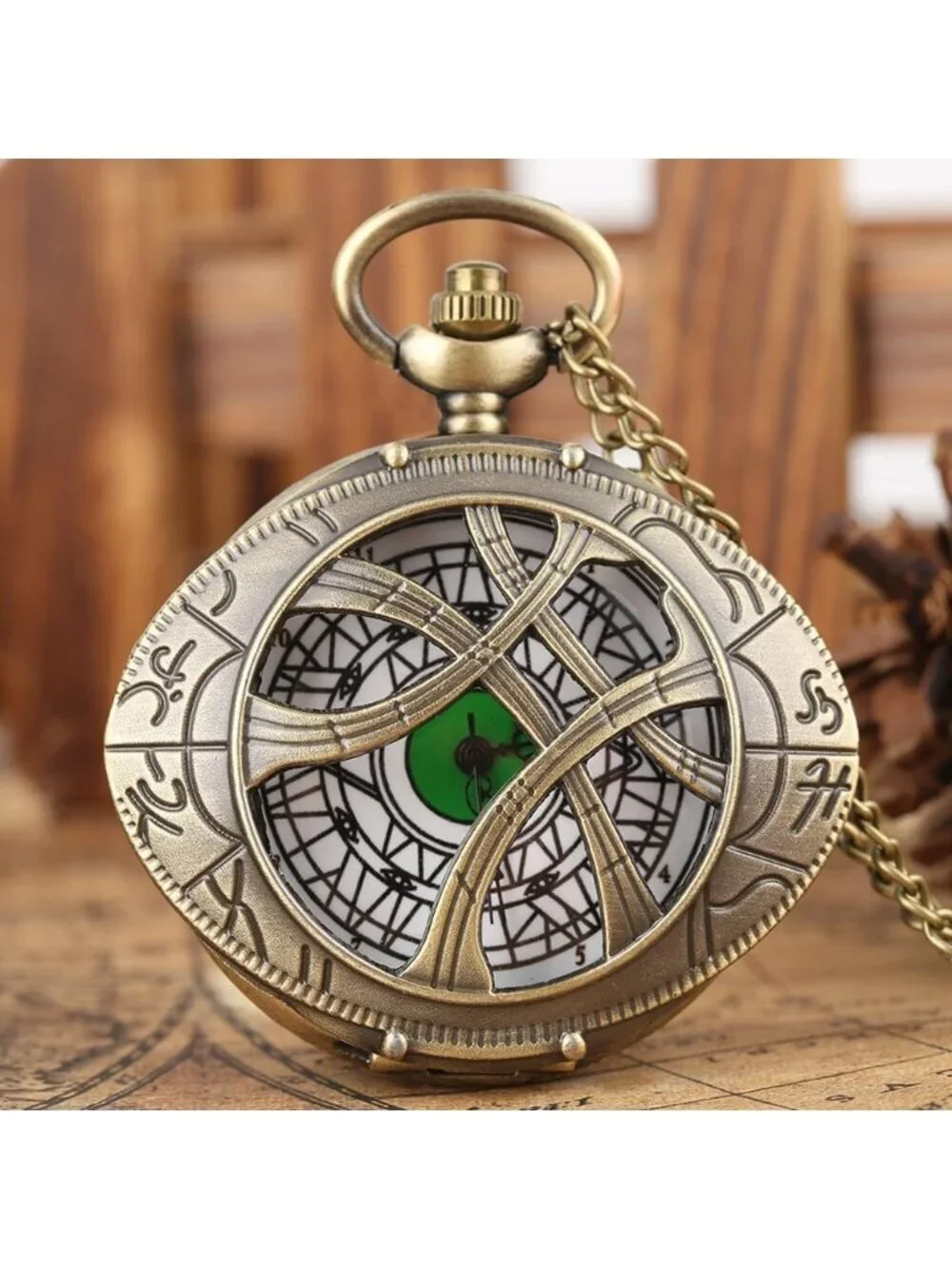 Men's Brown Analog Quartz Green Eyes Shape Pendant Necklace Round Pocket Watch